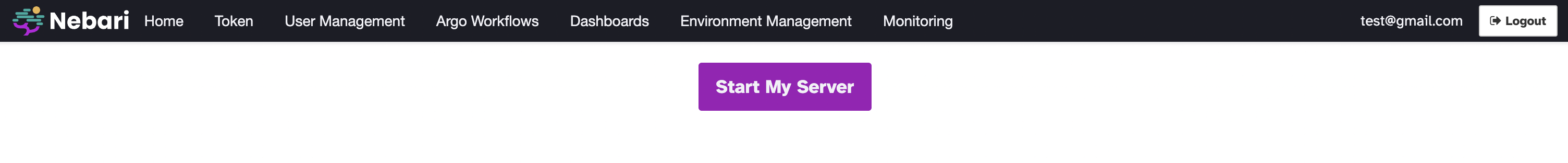 Nebari dashboard main screen - displays a button "Start my server"